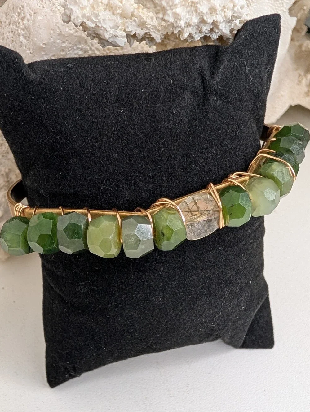 Faceted Nephrite Jade Wire-Wrapped Cuff Bracelet